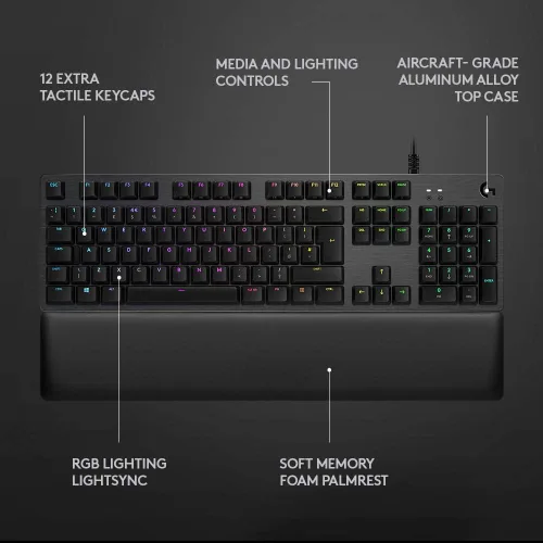 Vista 7 de Logitech G Teclado mecánico para juegos con retroiluminación RGB 513 con interruptores de teclas GX azules carbono
