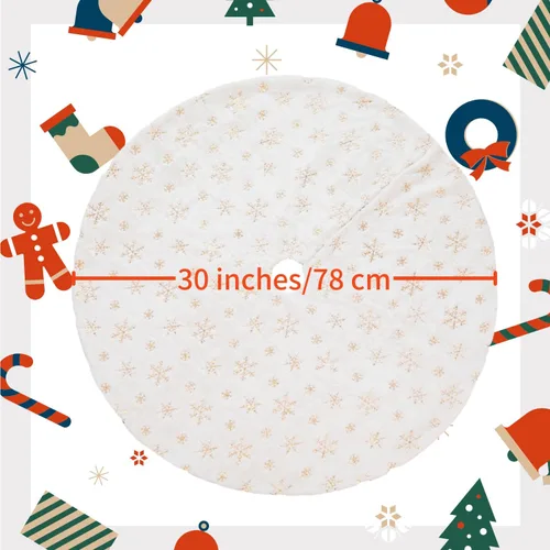 Vista 2 de MandyQ - Falda de árbol de Navidad de felpa blanca con copos de nieve de lentejuelas para decoración de árbol de Navidad 198/Oro/122cm