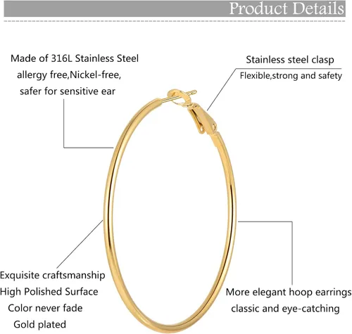 Vista 8 de Juego de 6 pares de aretes de aro chapados en oro de acero inoxidable para mujeres y niñas aros hipoalergénicos para mujer 304050in Acero inoxidable