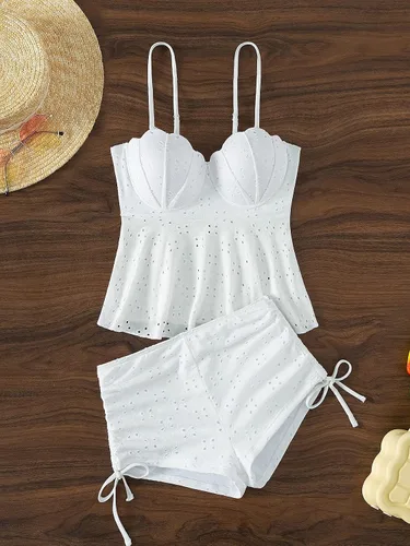 Vista 6 de Floerns Traje de baño tankini con ribete festoneado con cordón fruncido y cordón para mujer
