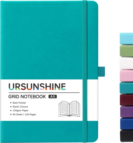 Vista 24 de Cuaderno punteado, diario, 5.3 x 8.26 pulgadas, tapa dura, prémium, papel grueso, doble espiral, bandas, cuero negro sintético, lazo para bolígrafo