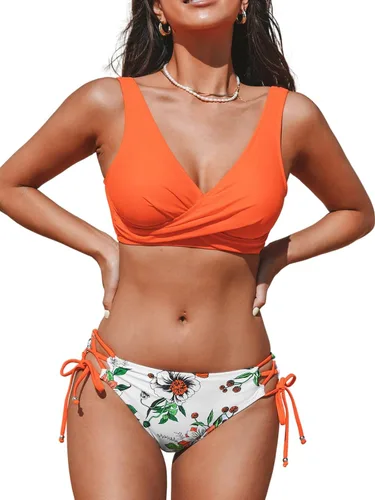 Vista 21 de CUPSHE - Bikini para mujer - Traje de baño de dos piezas con estampado floral y tiras. Negro