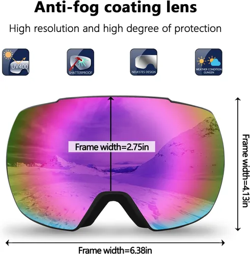 Vista 5 de OULAIQI Gafas de esquí de nieve, protección OTG UV400, anti niebla, esquí, patinaje, snowboard, gafas de snowboard para hombres, mujeres y jóvenes