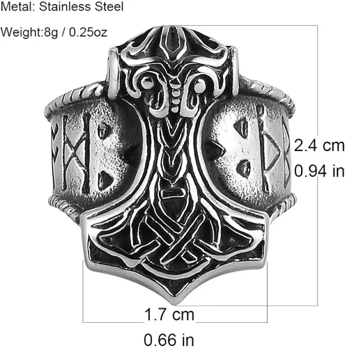 Vista 2 de HZMAN Anillo vikingo de acero inoxidable para hombre, símbolo de Odin, vikingos, martillo de Thor, joyería gótica de guerrero (tamaño, 7-14), Acero