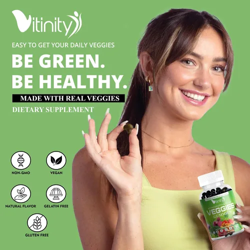 Vista 9 de VITINITY Super Greens - Gomitas multivitamínicas Hechas con 30 superalimentos reales, verduras, hierbas, frutas para adultos y niños para aumentar