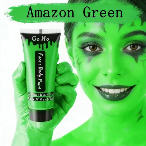 Vista 2 de Go Ho Pintura corporal verde Amazon lavable (2.37 onzas por pieza), pintura corporal crema a base de agua, accesorios verdes, disfraces