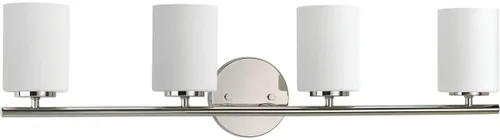 Vista 30 de Progress Lighting Lámpara moderna de tocador de baño de cristal blanco grabado con 4 luces, colección Replay, níquel cepillado (P2160-09)
