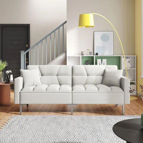 Vista 11 de Sofá cama plegable de tela moderna tapizado de lino con 2 almohadas y marco de metal para espacios pequeños compactos, dormitorio, sala de estar