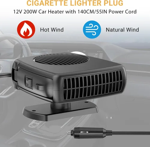 Vista 4 de Calentador de automóvil, descongelador de parabrisas portátil de 12 V 200 W, 2 en 1 con modos de calefacción y refrigeración, calentadores