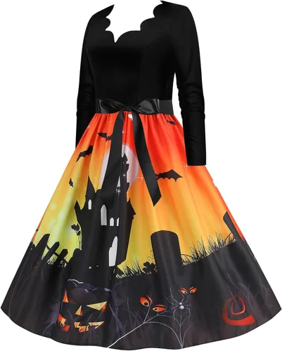 Vista 3 de Disfraces de Halloween para mujer, vestido de cóctel de manga larga con encaje, vestido de calabaza y fantasma, disfraz de fiesta de cosplay