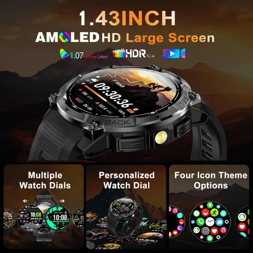Vista 4 de Reloj inteligente militar resistente para hombre con GPS, reloj AMOLED de seguimiento de fitness de 1.43 pulgadas con llamada Bluetooth Negro