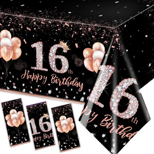 Vista 8 de GREHUMOR 3 manteles de fiesta de cumpleaños número 13 para niñas, color oro rosa, suministros de fiesta de cumpleaños de 13 años, cubierta de mesa