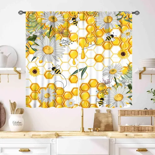 Vista 20 de Cortinas infantiles de abejas, cortinas de campo de primavera de acuarela de girasoles florales de nido de abeja, adorables abejas, cortinas