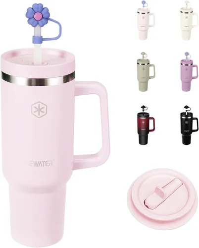 Vista 7 de ICEWATER Vaso de 40 oz con 2 tapas (abatible y pajita estándar), 100% a prueba de fugas, vaso aislado con asa, compatible con portavasos, botella