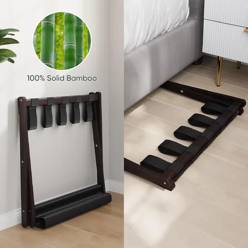 Vista 5 de Smart FENDEE Portaequipajes, portaequipajes plegable para habitación de invitados, soporte de maleta de bambú marrón con capacidad para hasta 131
