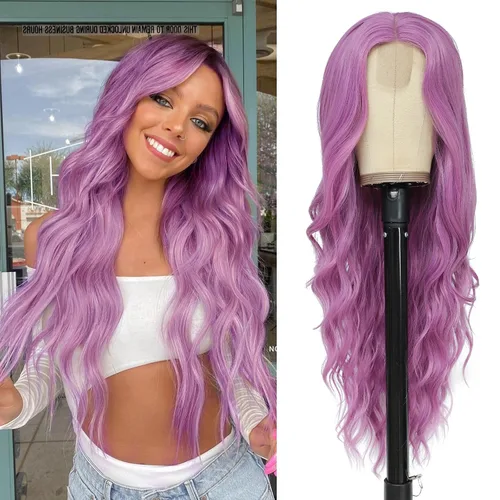 Vista 34 de NAYOO Peluca larga ondulada rubia ombré para mujer, de 26 pulgadas, parte media, rizada, ondulada, de aspecto natural, fibra sintética resistente al
