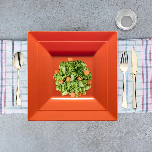 Vista 7 de Smarty Had A Party Elegante juego de vajilla de plástico desechable, platos de plástico resistentes (naranja, juego de platos combinados