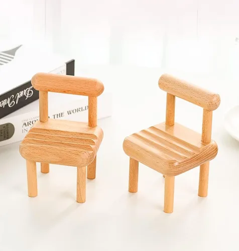 Vista 3 de Soporte de madera para teléfono celular con forma de silla pequeña, soporte universal multiángulo para teléfono móvil, base portátil para teléfono