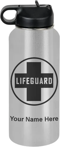 Vista 77 de LaserGram Botella de agua personalizada, salvavidas, acero inoxidable de doble pared aislada al vacío con popote superior, regalo grabado Negro