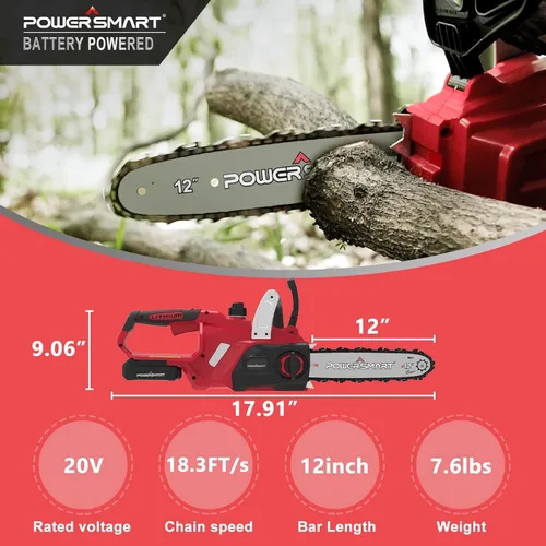 Vista 2 de PowerSmart Motosierra alimentada por batería de 20 V y 12 pulgadas, luz de trabajo LED, eléctrica inalámbrica ligera, incluye batería de 4.0 Ah