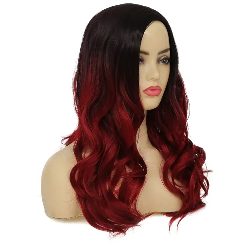 Vista 4 de Kaneles Peluca rizada de color rojo degradado, pelucas de cabello largo ondulado para mujer, pelucas de fibra sintética negra y roja para fiesta