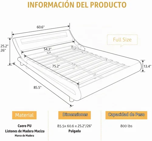 Vista 2 de SHA CERLIN - Marco de cama de tamaño matrimonial con cabecera LED tapizada moderna, color negro Low Profile Sleigh Design, Adjustable Headboard
