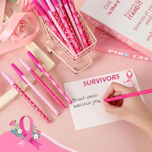 Vista 3 de JANYUN Bolígrafos de cinta rosa, accesorios para concientización sobre el cáncer de mama, 26 bolígrafos de gel rosa de tinta negra, bolígrafos a
