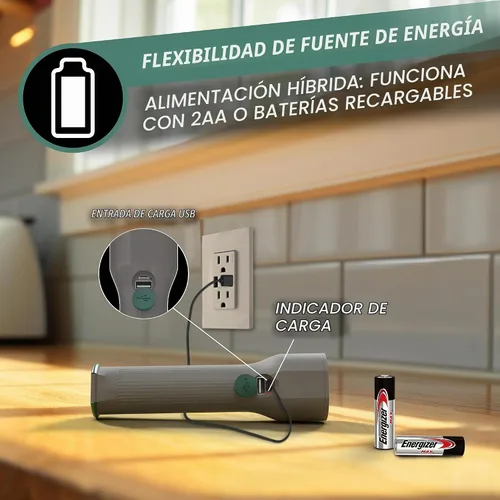 Vista 3 de Energizer S-600 Linterna LED recargable con opciones de alimentación de batería solar y AA, linternas superbrillantes IPX4 resistentes al agua