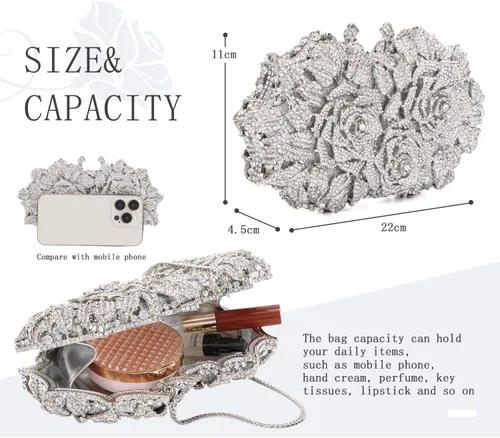 Vista 2 de Ynport Bolso de noche gótico de cristal con diamantes de imitación para mujer, diseño floral, boda, fiesta, diamantes brillantes