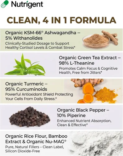 Vista 3 de USDA Organic KSM-66 Ashwagandha 600mg con L-teanina orgánica, cúrcuma y pimienta negra, apoya la calma, la concentración, la relajación