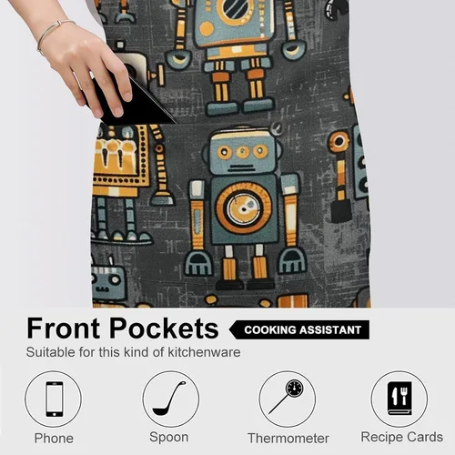 Vista 5 de MUSM Apron for Adults - 27.6 X 31.5 Inch, Heavy-Duty Polyester Aprons with Two Large Pockets, Waterproof Retro Style Robot Kitchen Apron for