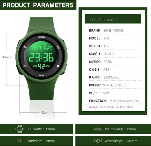 Vista 7 de SKMEI Reloj digital para hombre, reloj deportivo digital, resistente al agua, para hombre, con cronómetro, alarma, cuenta regresiva, doble hora