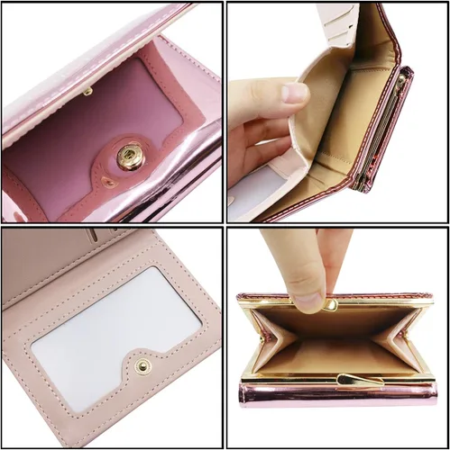 Vista 5 de Eilova Orityle Cartera triple plegable para mujer, brillante, holográfica, moneda, monedero, tarjetero organizador, Púrpura