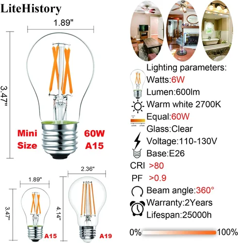Vista 5 de LiteHistory Bombilla LED E26 regulable de 6 W igual a 60 W, bombilla LED Edison vintage AC120V 2700K A15 bombilla LED para ventilador de techo