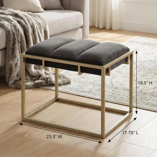 Vista 3 de Cortesi Home Bourne otomana rectangular de 20 pulgadas de alto terciopelo gris y metal dorado champán