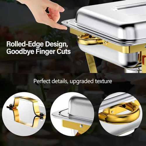 Vista 4 de Juego de 2 Platos de Roce de 8 Qt para Buffet, Juego de Chafer para Catering de Acero Inoxidable de Tamaño Completo Dorado, Rectangular