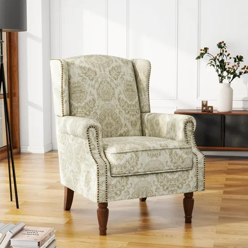 Vista 11 de High Back Accent Chair, Fabric Upholstered Armchair Wingback Chair for Living Room, Comfy Bedroom Reading Seat with Solid Wood Legs, Beige