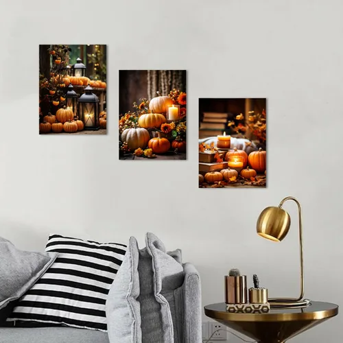 Vista 3 de Arte de pared de calabaza de granja, decoración de pared de otoño para cocina, comedor, decoración rústica de Halloween, impresiones en lienzo