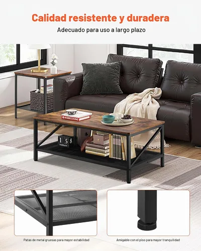 Vista 7 de VEVOR Juego de 3 mesas para sala de estar, mesa de café industrial de 41.3 pulg con 2 mesas auxiliares cuadradas, juego de mesas de café
