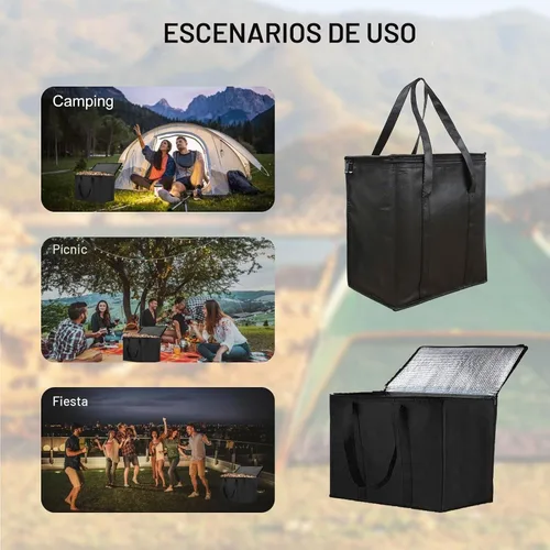 Vista 5 de Longzhuo Paquete de 3 bolsas de comestibles aisladas con cierre superior, bolsas de compras negras con asas, bolsa enfriadora plegable reutilizable