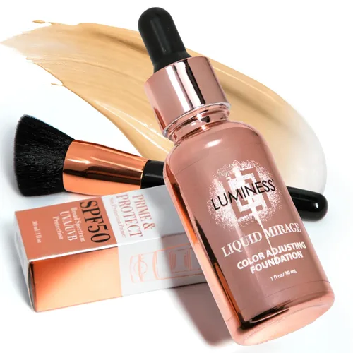 Vista 9 de LUMINESS Kit de 3 piezas Liquid Mirage - Base con cambio de color con SPF 50, pincel de maquillaje y primer hidratante y ligero para el rostro, base