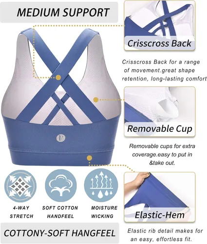 Vista 3 de RUNNING GIRL Sports Bra for Women, Criss-Cross Back Padded Strappy Sports Bras Medium Support Yoga Bra with Removable Cups