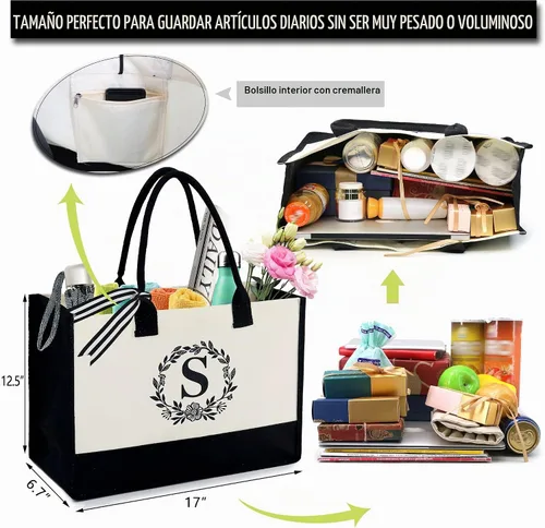 Vista 7 de BeeGreen - Bolsa de mano con monograma bordado inicial para mujer, profesora, mamá, amiga, regalo personalizado para cumpleaños, playa, boda