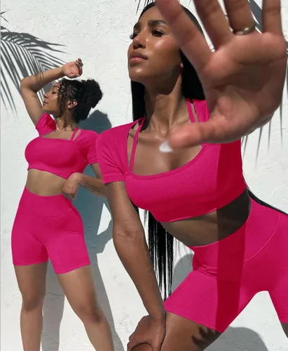 Vista 6 de OLCHEE Conjunto de entrenamiento sexy para mujer, 2 piezas, pantalones cortos de cintura alta, sin costuras, leggings y sujetador deportivo, ropa