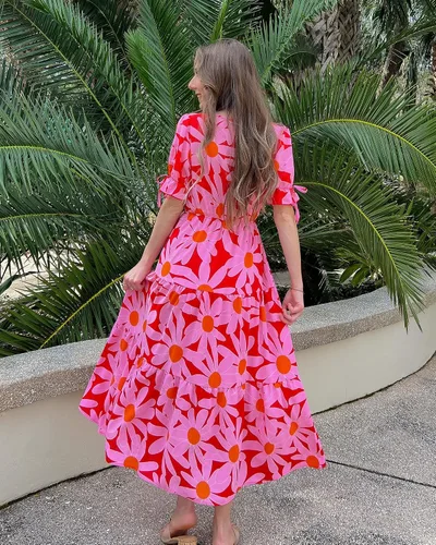 Vista 8 de BTFBM Vestido bohemio de verano 2025 para mujer, con lazo frontal, cuello en V profundo, recortado, manga corta, casual, fiesta, floral, playa, maxi