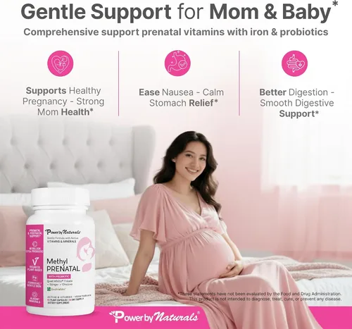 Vista 6 de Power By Naturals Metil prenatal con probióticos - Vitaminas prenatales para mujeres con hierro, folato de metilo, nutrientes B12 y 28 y botánicos