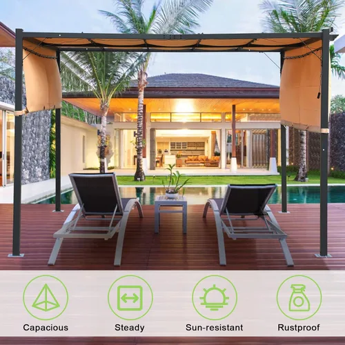 Vista 5 de Pérgola de metal resistente para patios, pérgolas retráctiles de 10 x 10 pies con cubierta de toldo resistente a los rayos UV, pérgolas y cenadores