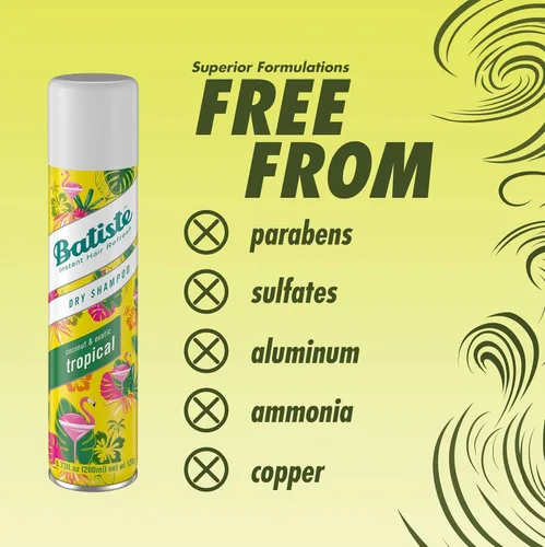 Vista 7 de Batiste Champú seco, fragancia tropical, refresca el cabello y absorbe el aceite entre lavados, champú sin agua para mayor textura y cuerpo