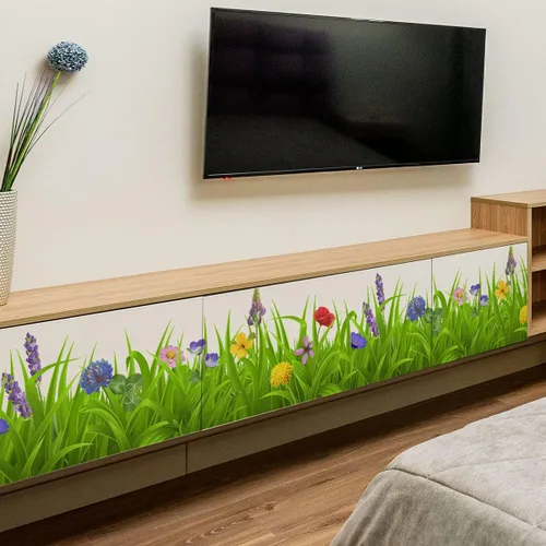 Vista 7 de Pegatinas de pared de plantas verdes frescas, calcomanías de zócalo, hojas verdes, flores coloridas, calcomanías de pared DIY Murales extraíbles