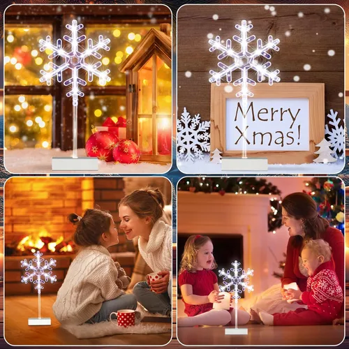 Vista 6 de Riakrum 3 piezas de luces de copo de nieve de Navidad, decoraciones de copo de nieve, decoración de mesa, luces nocturnas de Navidad, funciona